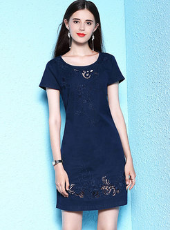 Blue Embroidery Short Sleeve Denim Dress